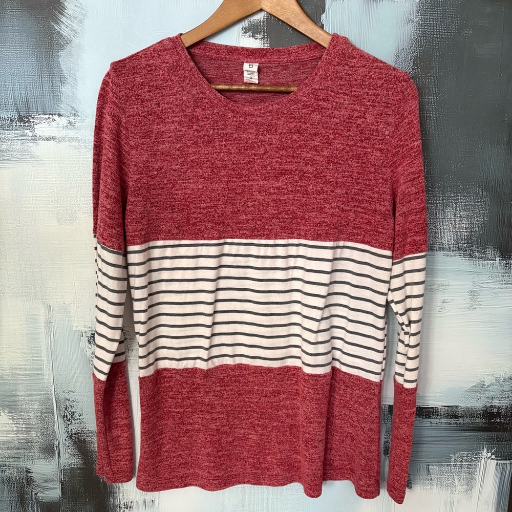 B Collection by Bobeau Red Navy Striped Colorblock Long Sleeve Top Size Large